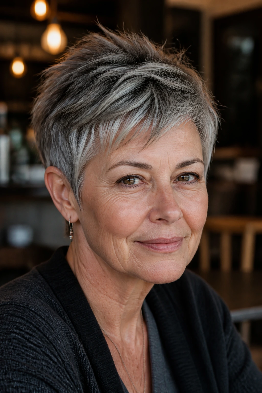 Portrait of a real woman with salt-and-pepper piecey pixie showing separate textured strands