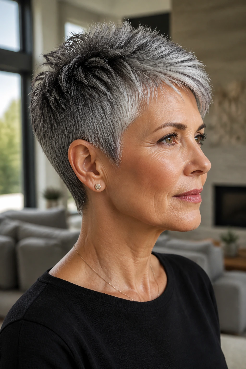 Close-up portrait of a real woman with salt-and-pepper sculpted pixie catching light on silver strands.
