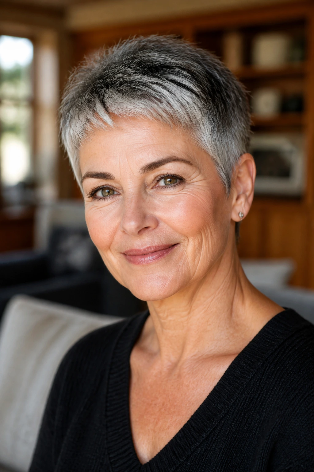Close-up portrait of an older woman with salt-and-pepper pixie haircut in natural window light