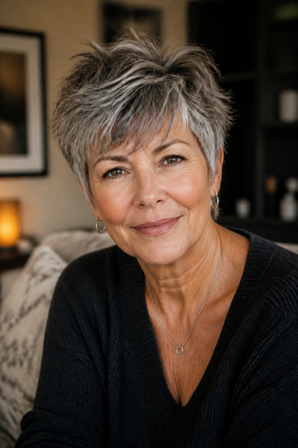 Real woman with salt-and-pepper shaggy pixie in a living room.