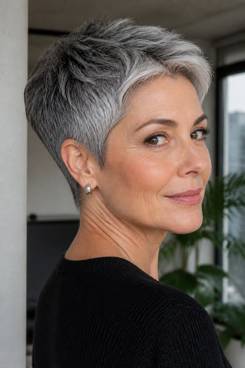 Portrait of a real woman with a salt-and-pepper pixie and tapered nape