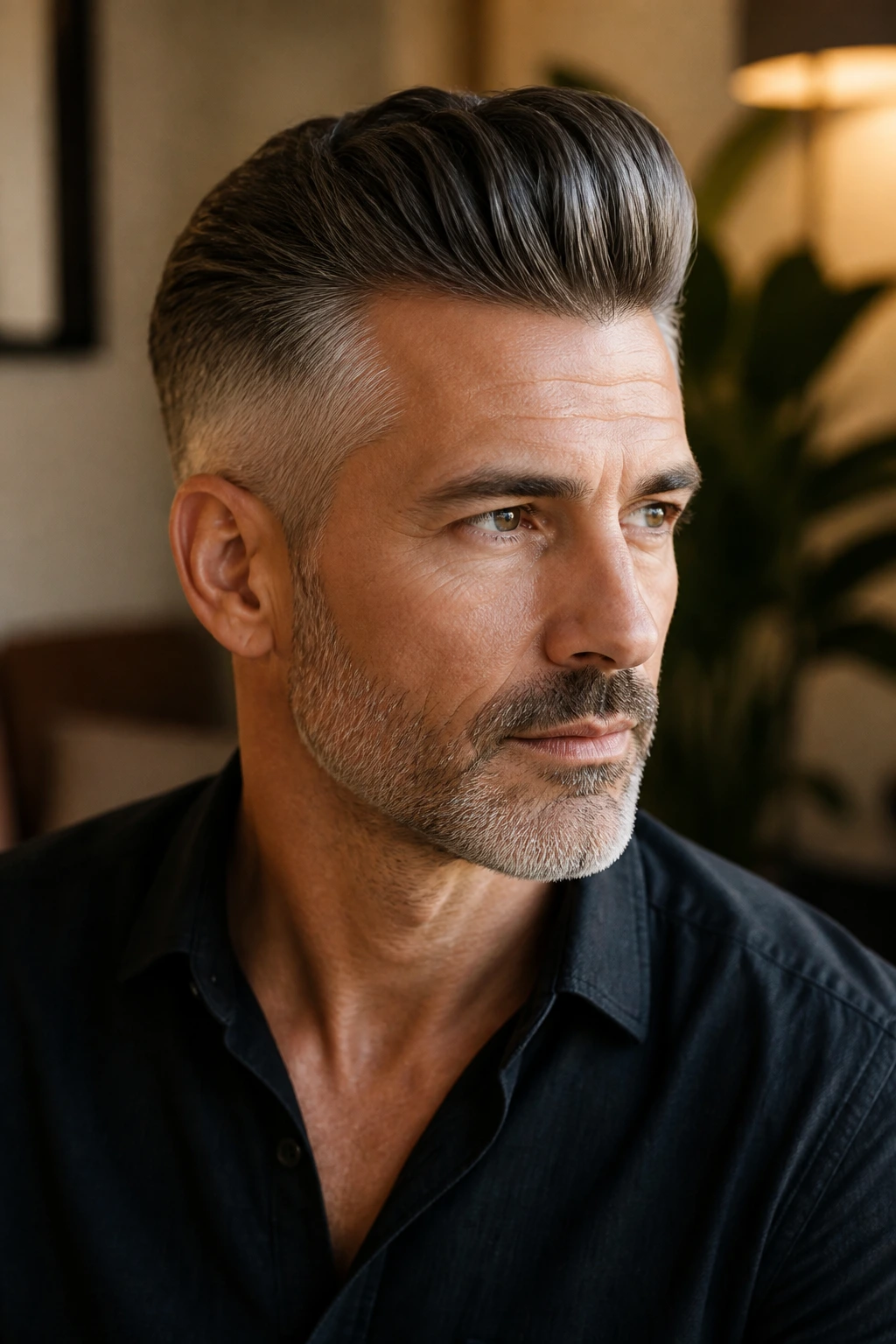 Salt-and-pepper-haired man with matte pompadour portrait