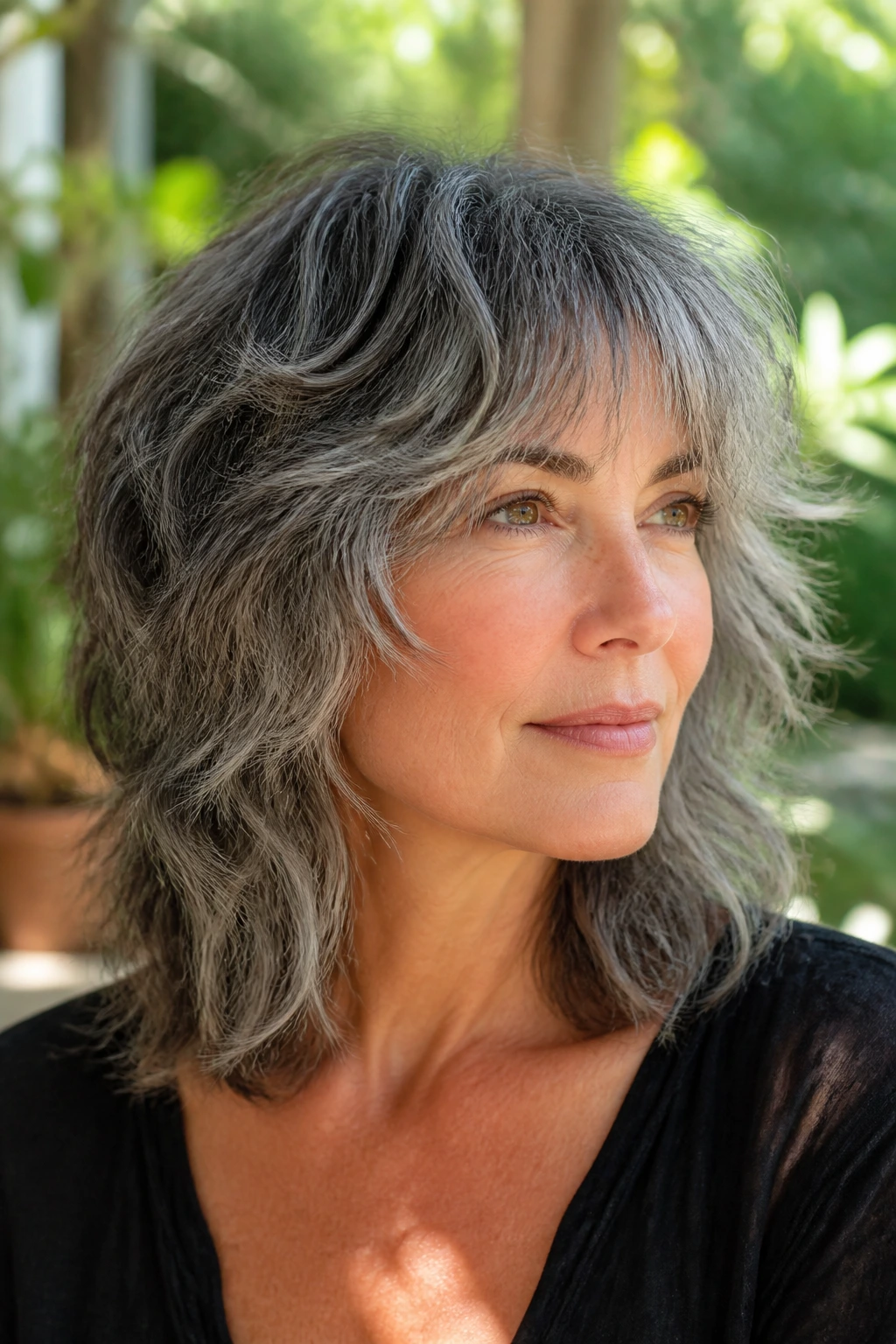Close-up of a real woman with salt and pepper shag in garden sunlight