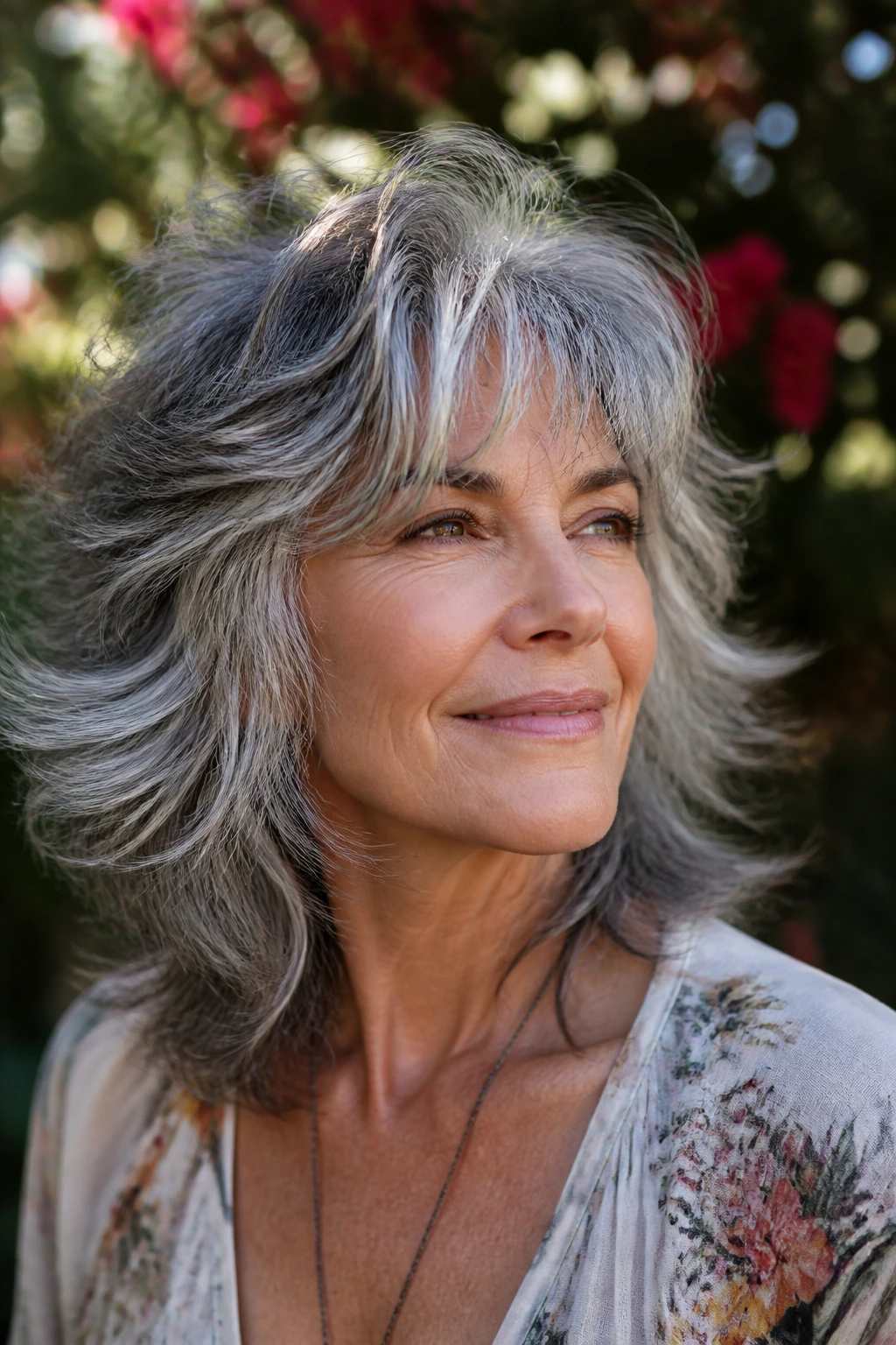 Close-up portrait of an older woman with a salt-and-pepper shag hairstyle