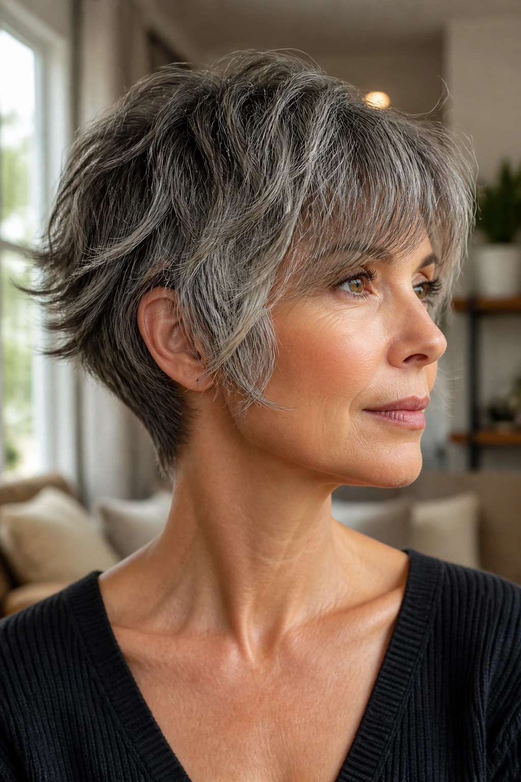Close-up portrait of a real woman with salt-and-pepper shag and nape clearance undercut