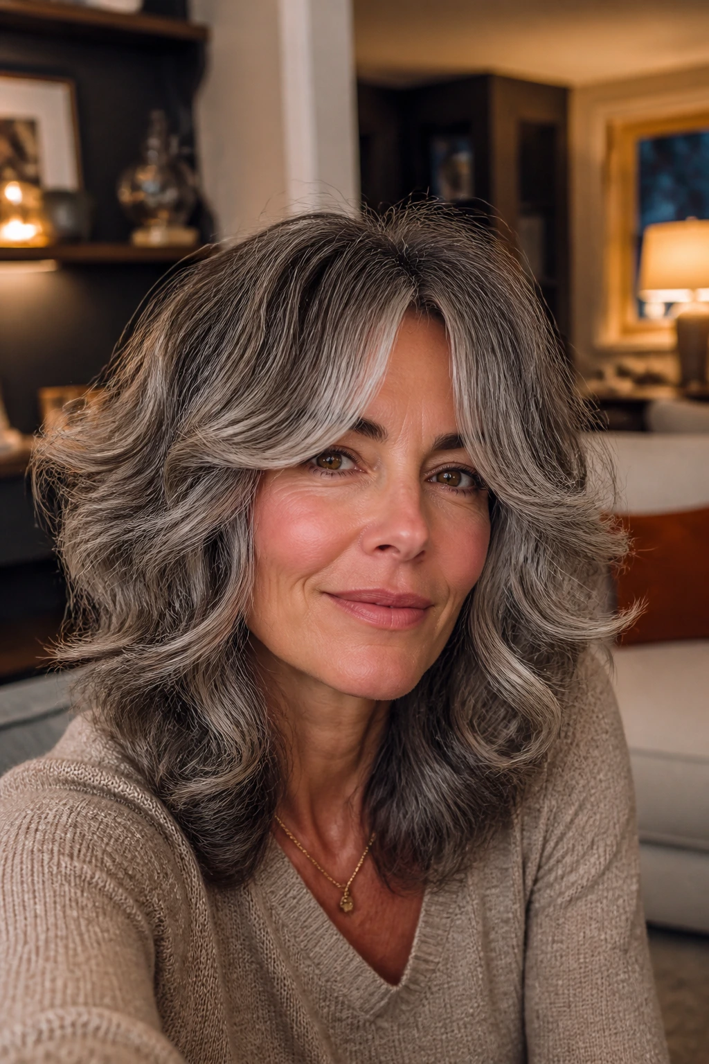 Close-up of a real woman with salt-and-pepper shag and long bangs