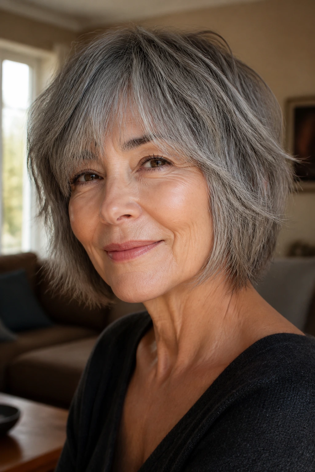 Close-up portrait of a woman with a salt-and-pepper shag bob, natural gray layering and textured waves.