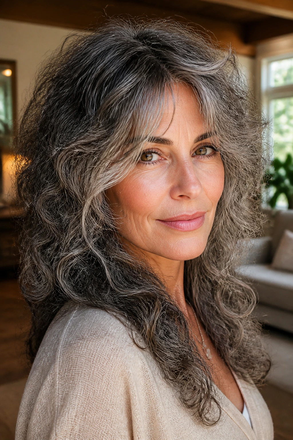 Close-up of real woman with salt-and-pepper curls and cheekbone layers