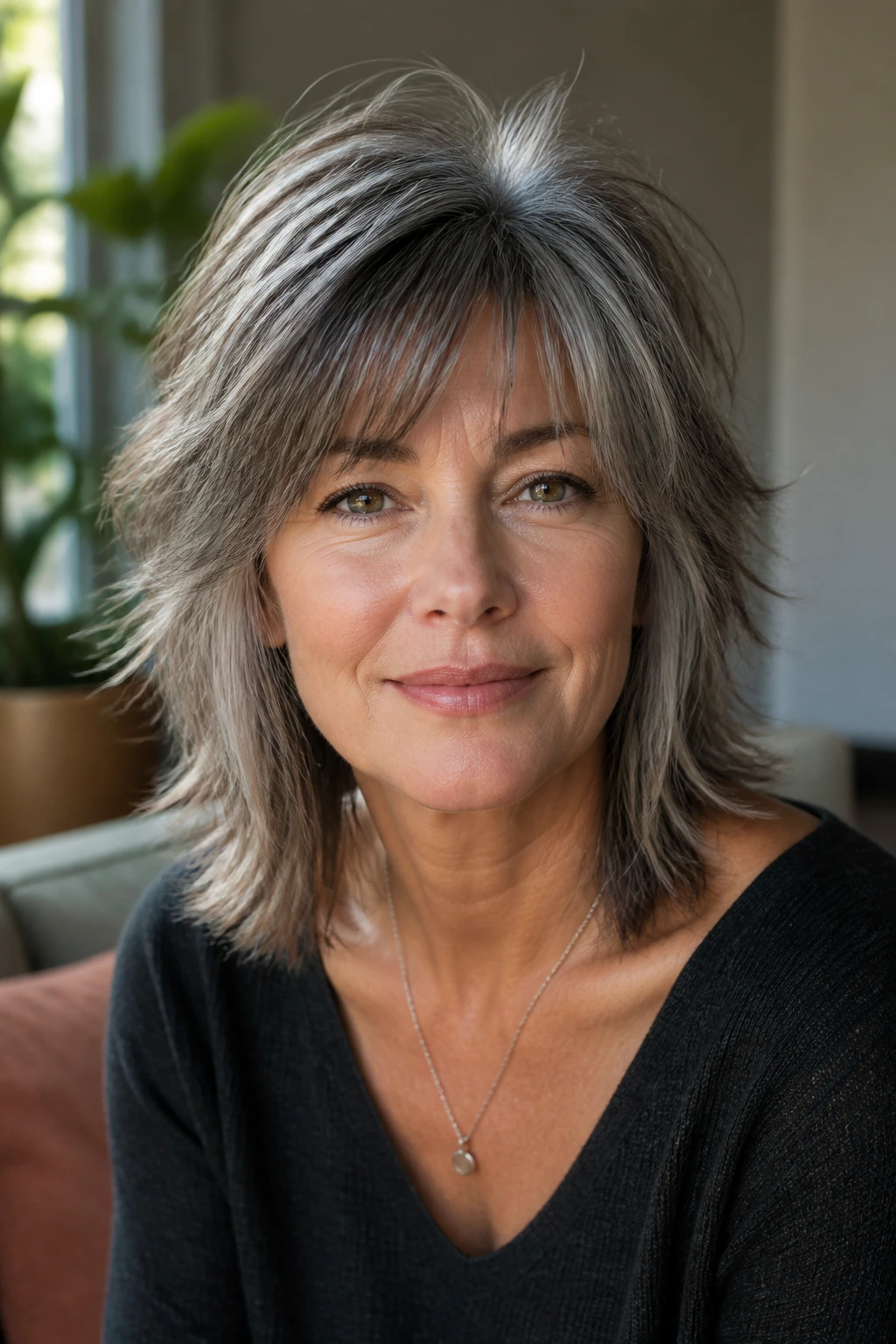 Close-up of salt-and-pepper shag with crown lift on a real person