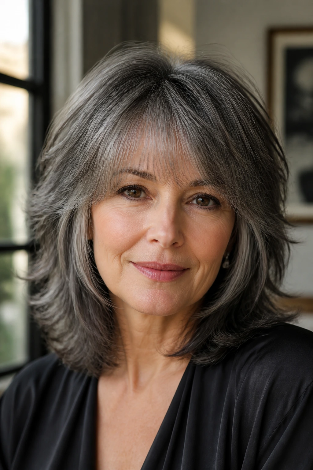 Head-and-shoulders portrait of salt-and-pepper shag with polished texture