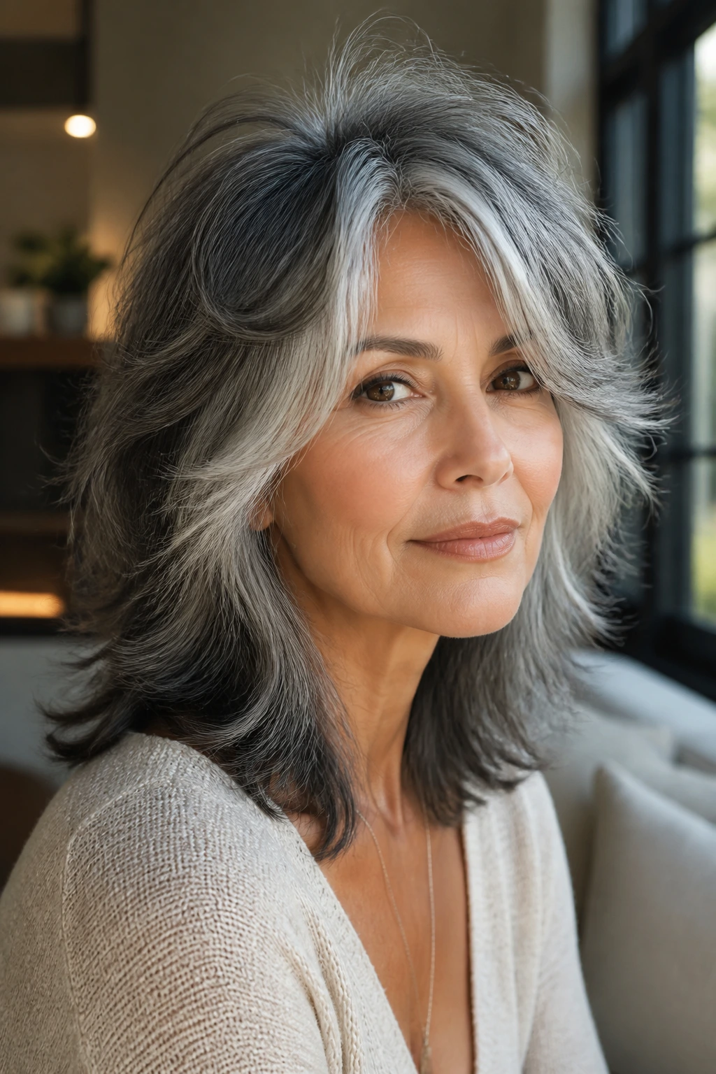 Close-up of a real woman with salt-and-pepper glam shag hair