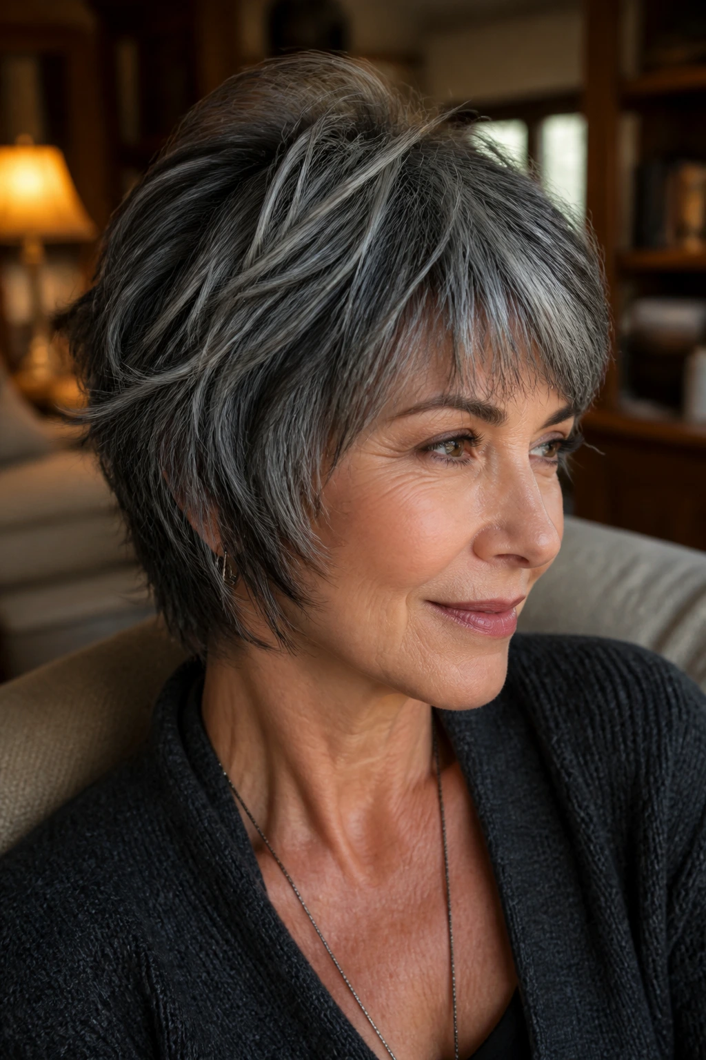 Close-up portrait of real person with salt-and-pepper shag showing silver and dark hair layers