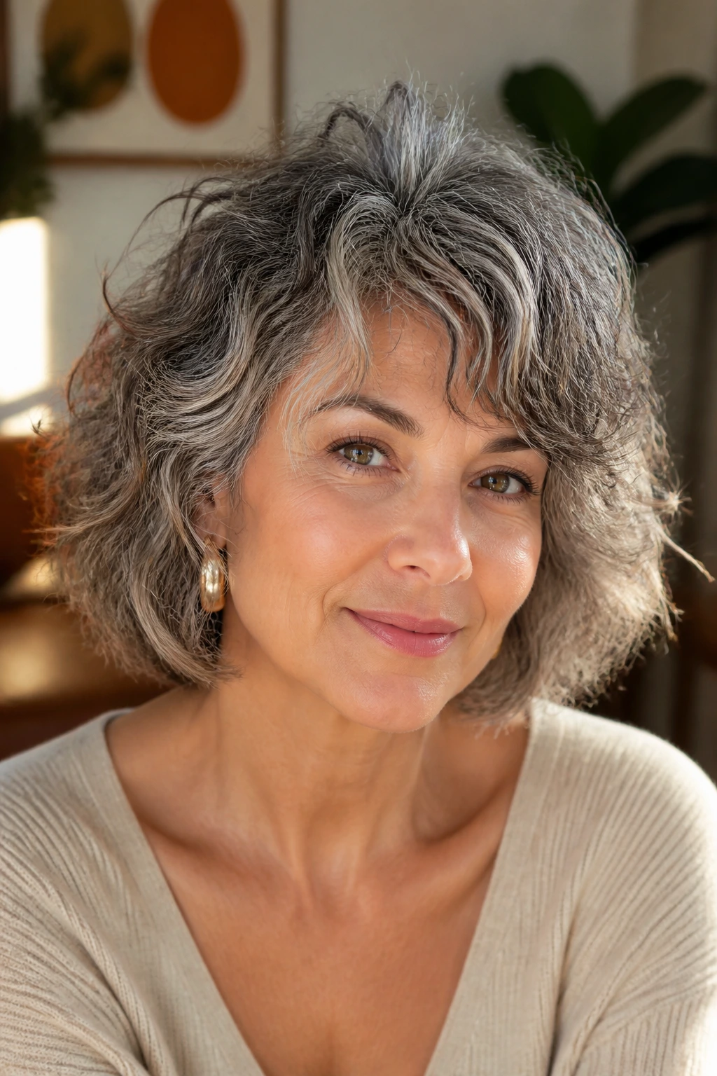 Close-up of a salt-and-pepper shaggy bob with a soft crown lift in morning light.