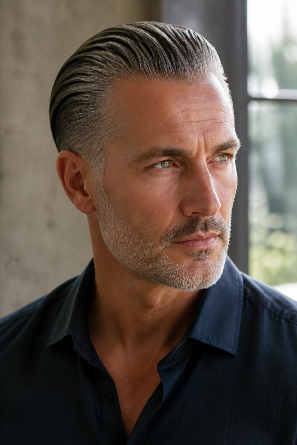 Close-up of a man with salt-and-pepper slick-back hair