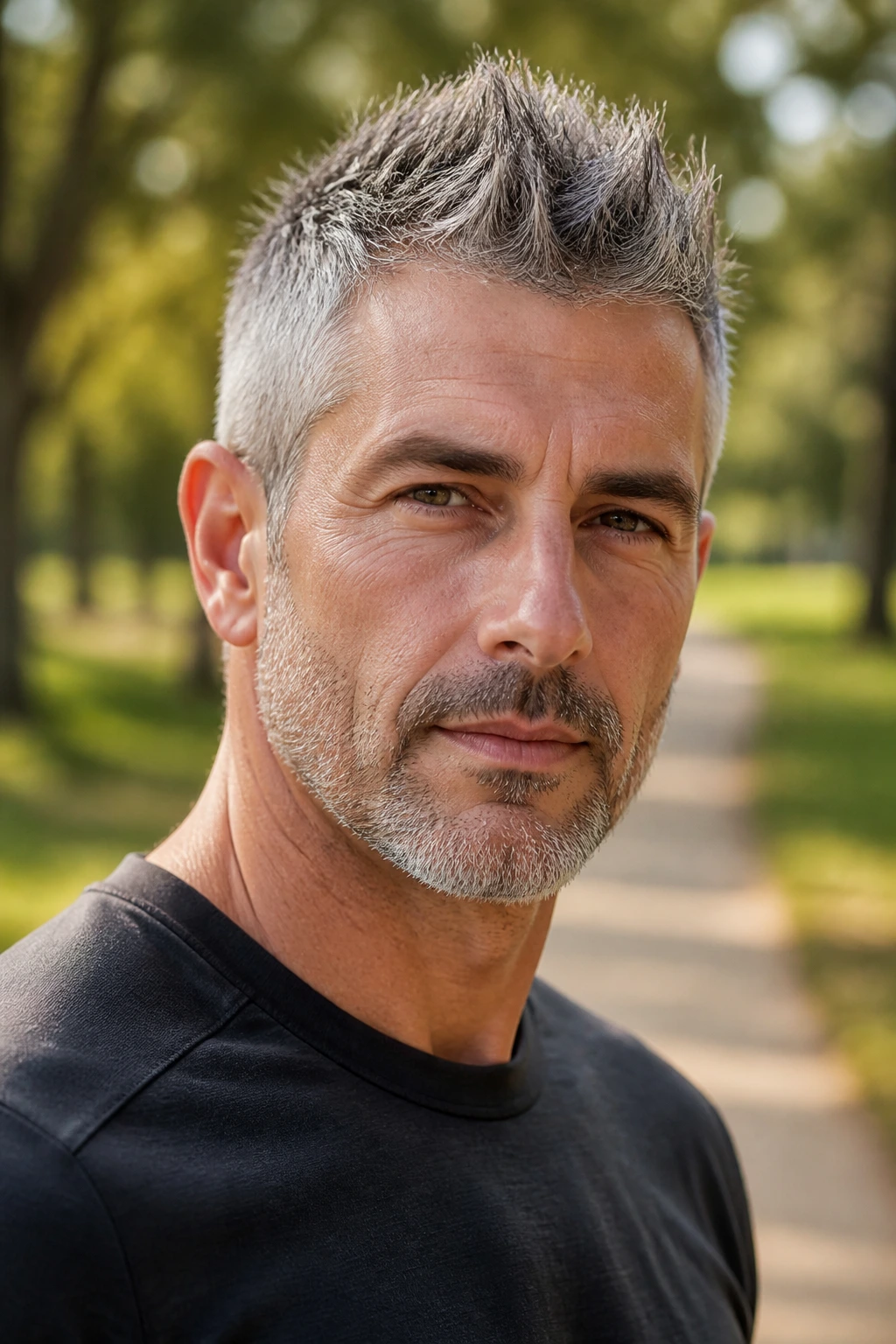 Close-up portrait of a real man with salt-and-pepper spikes outdoors in soft afternoon light