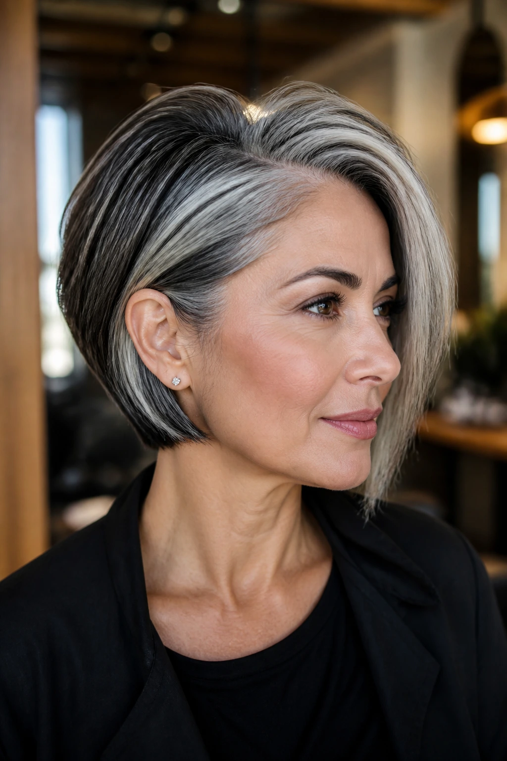 Close-up of a real woman with a salt-and-pepper stacked bob under warm salon light.