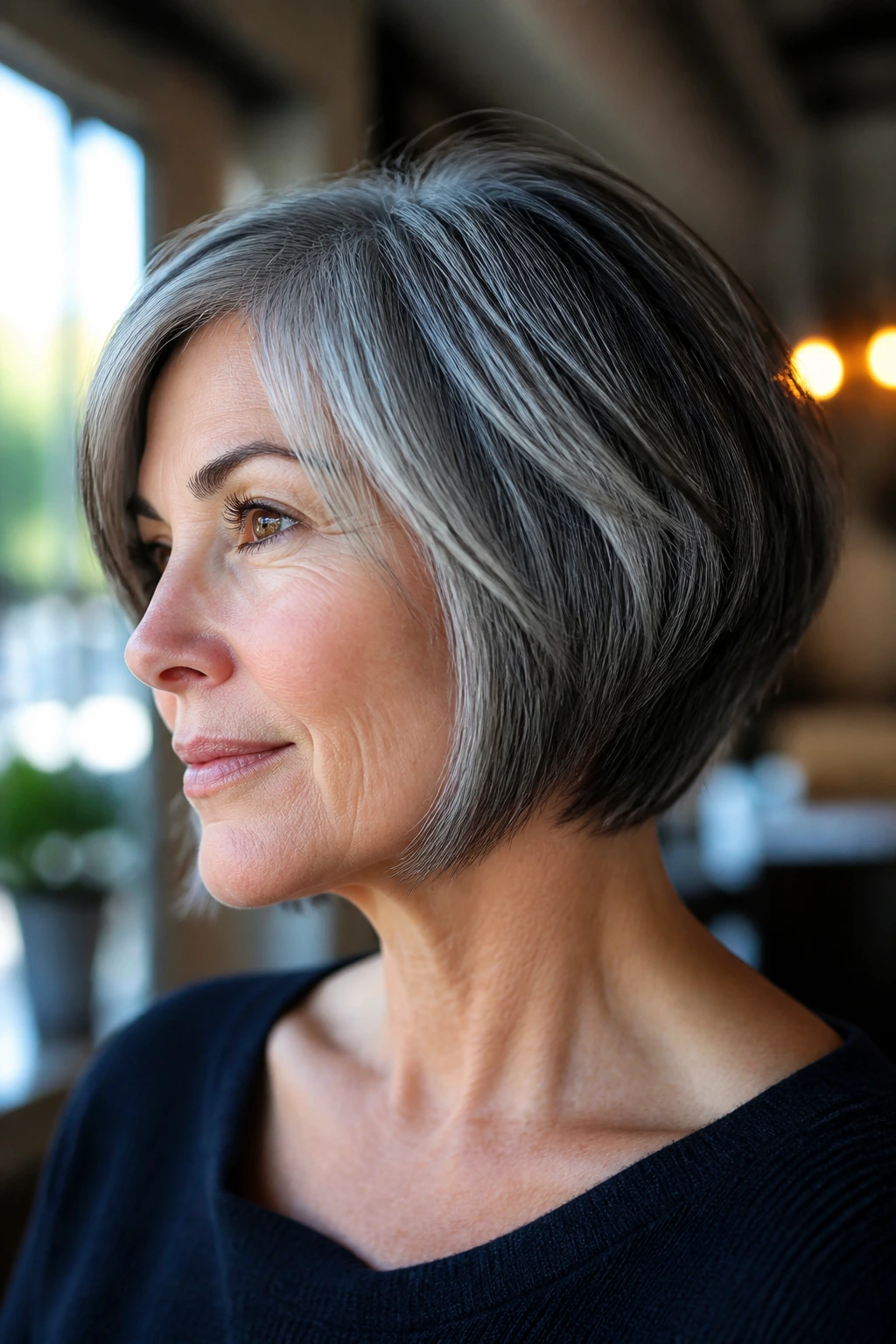 Portrait of a real person with salt-and-pepper stacked bob showing natural color variation