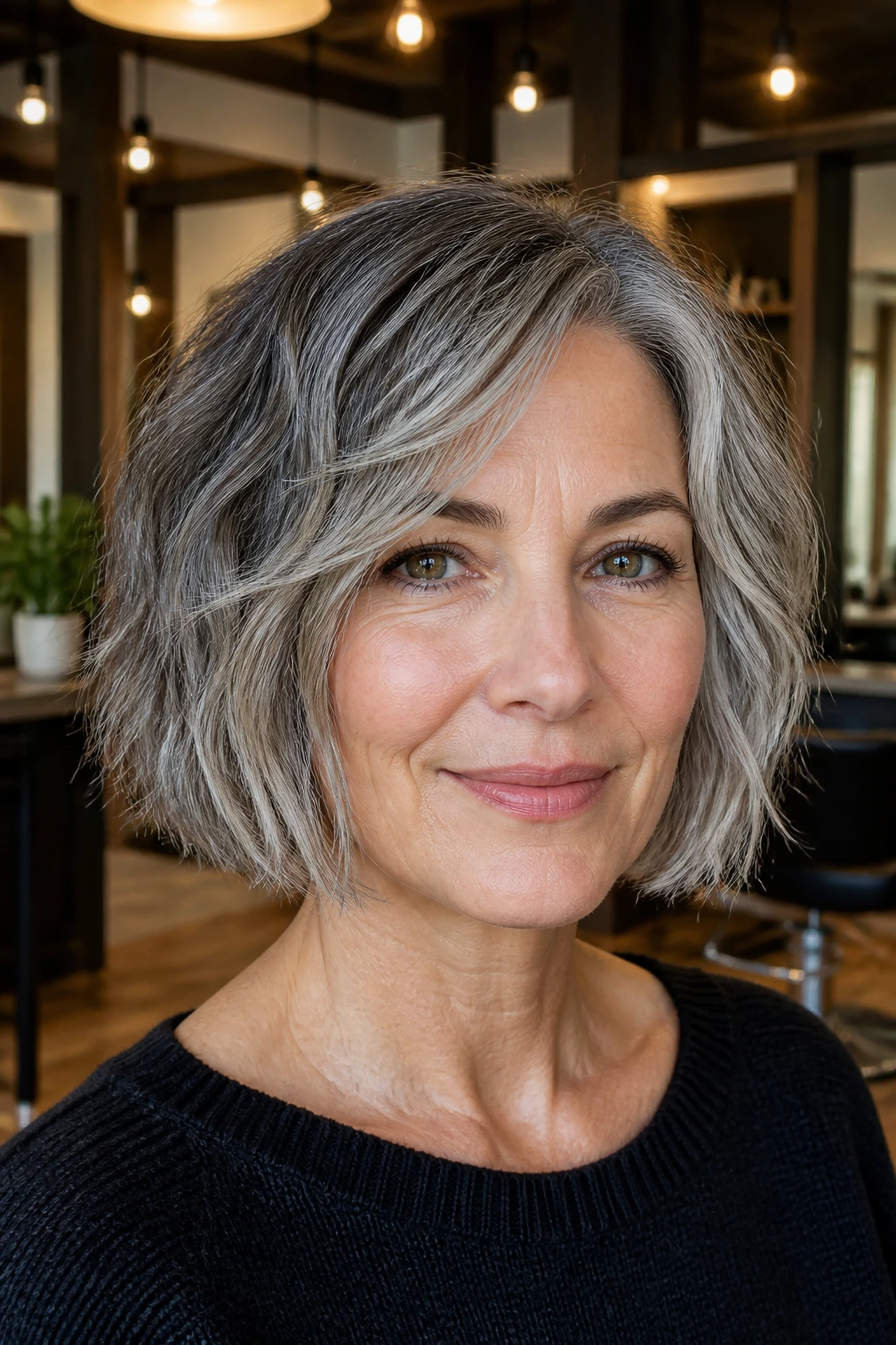 Portrait of a real woman with a salt-and-pepper textured bob in a chic salon.