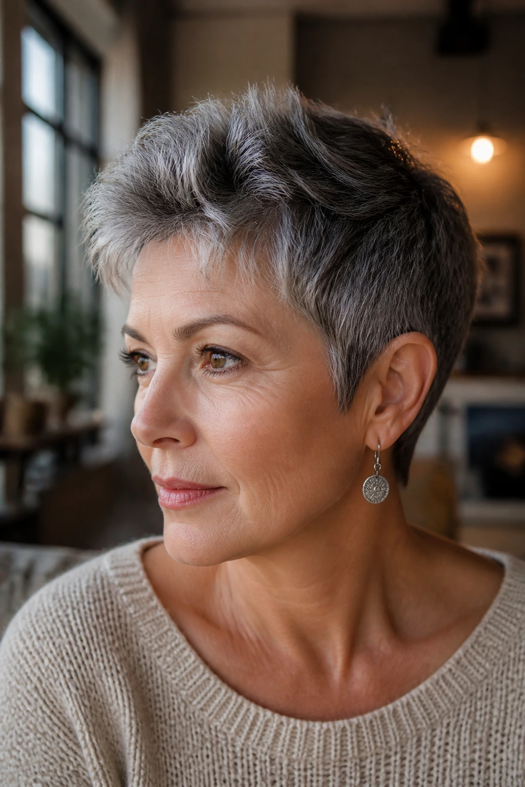 Portrait of a woman with a salt-and-pepper textured crop