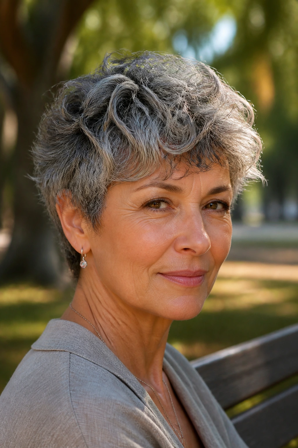 Portrait of a real woman with Salt-and-Pepper Tousled Crop With Dimension.