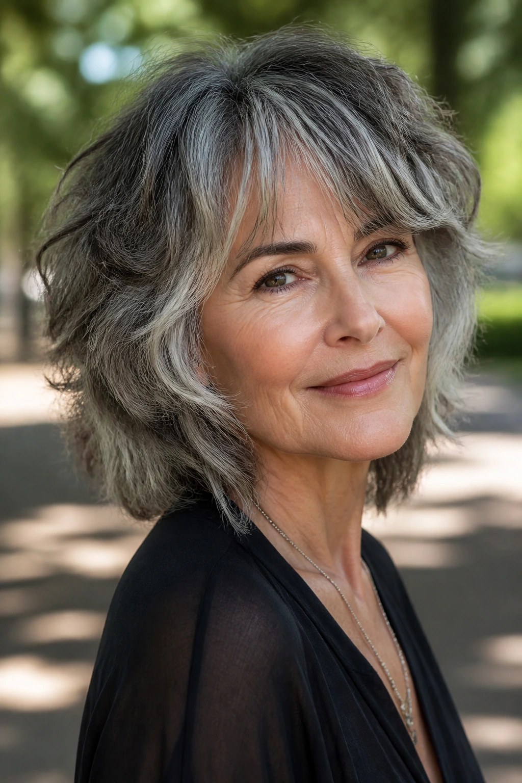 Real woman with salt-and-pepper tousled shag in daylight outdoor setting