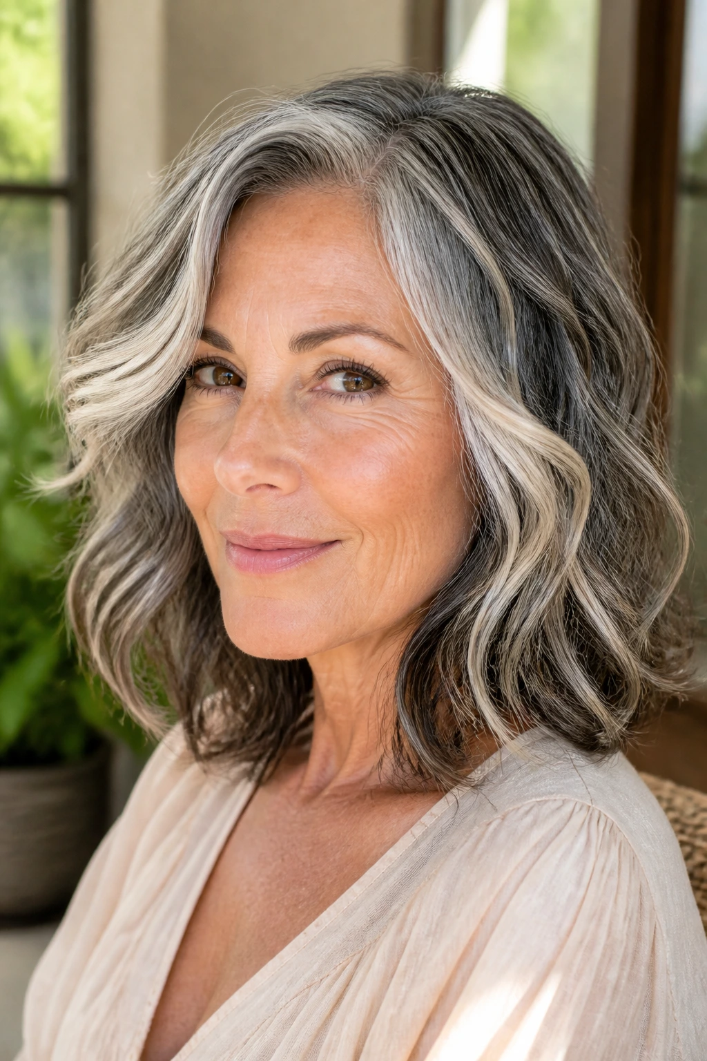 Woman with salt-and-pepper shoulder-length waves and soft movement