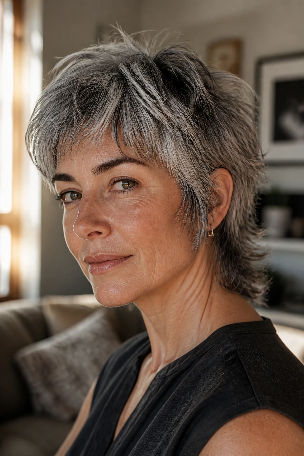 Close-up of a real person with salt and pepper wolf mullet hairstyle