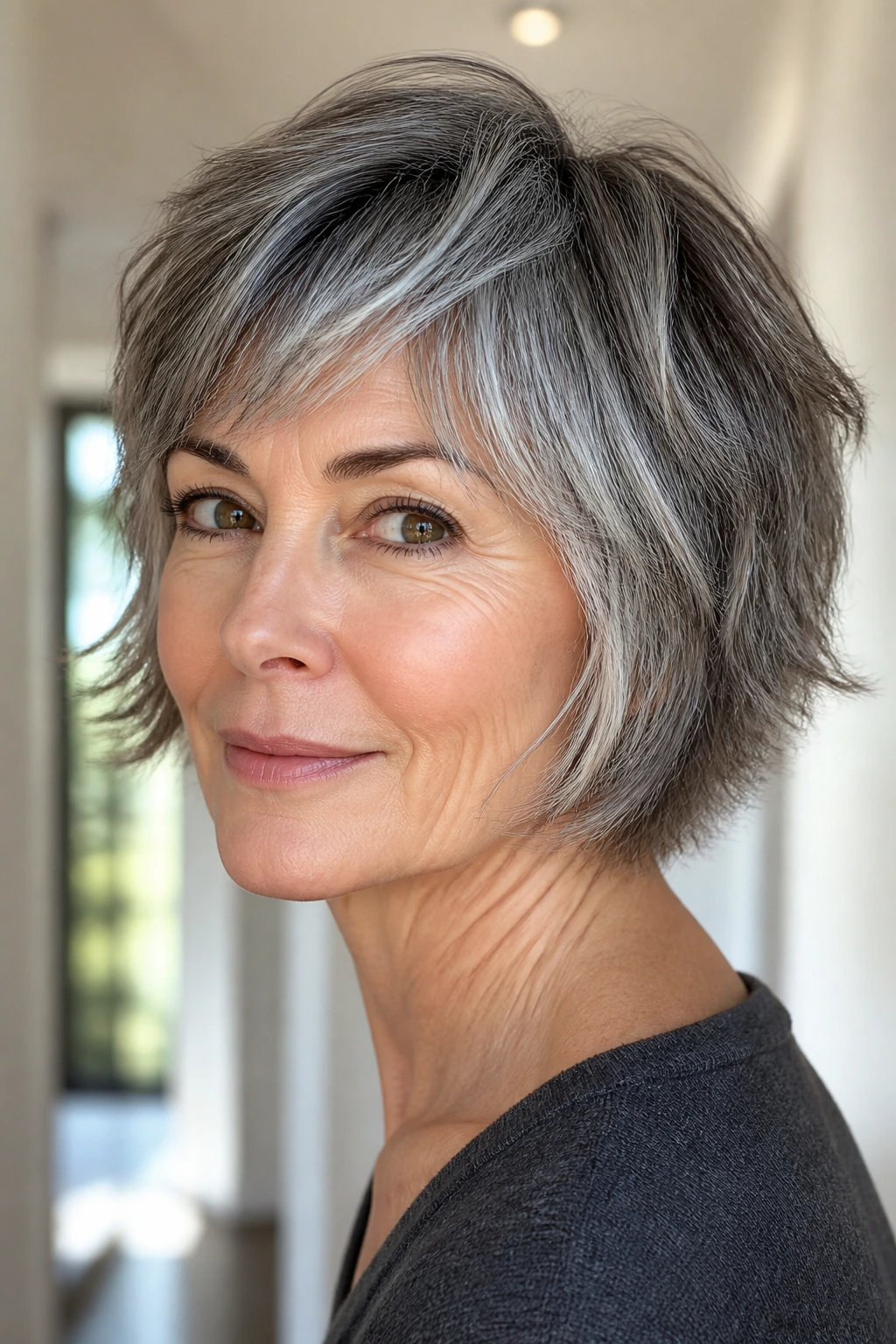Close-up of real woman with salt-and-pepper airy bob showing movement
