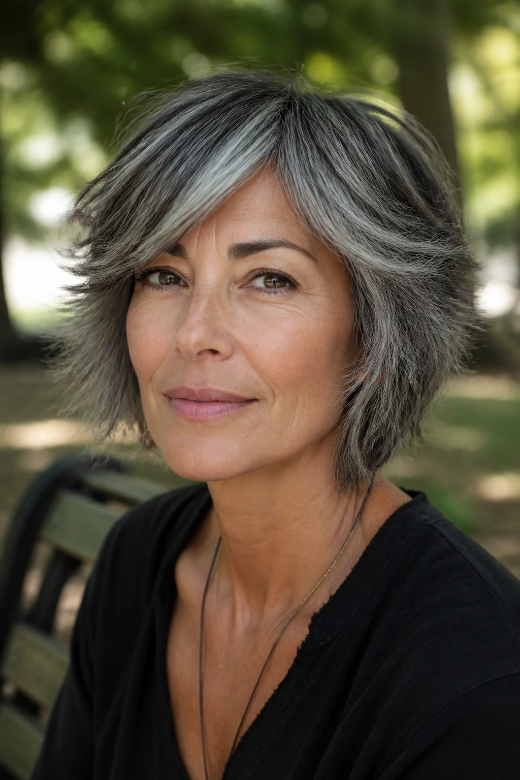Close-up portrait of a woman with salt-and-pepper airy shag