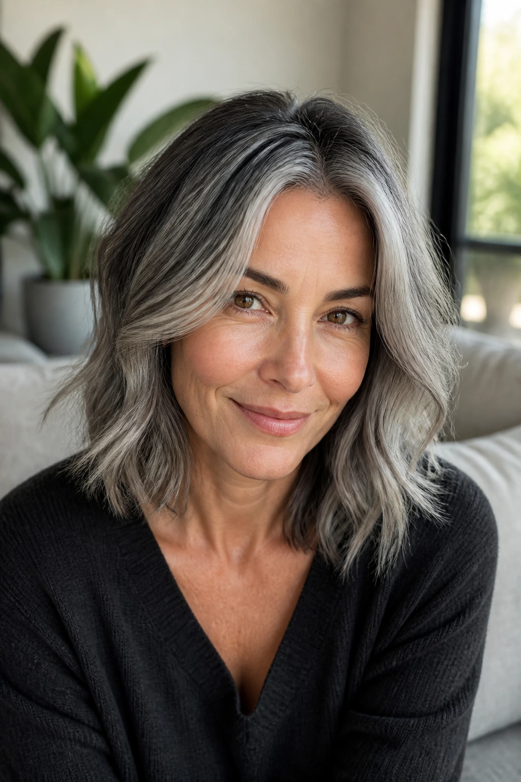 Close-up portrait of a person with salt-and-pepper balayage and shadow root with natural light