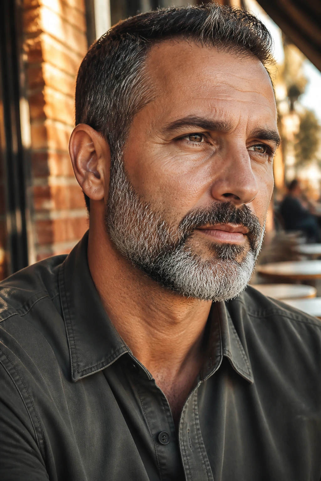 Close-up of a real man with a salt-and-pepper beard in golden hour street scene