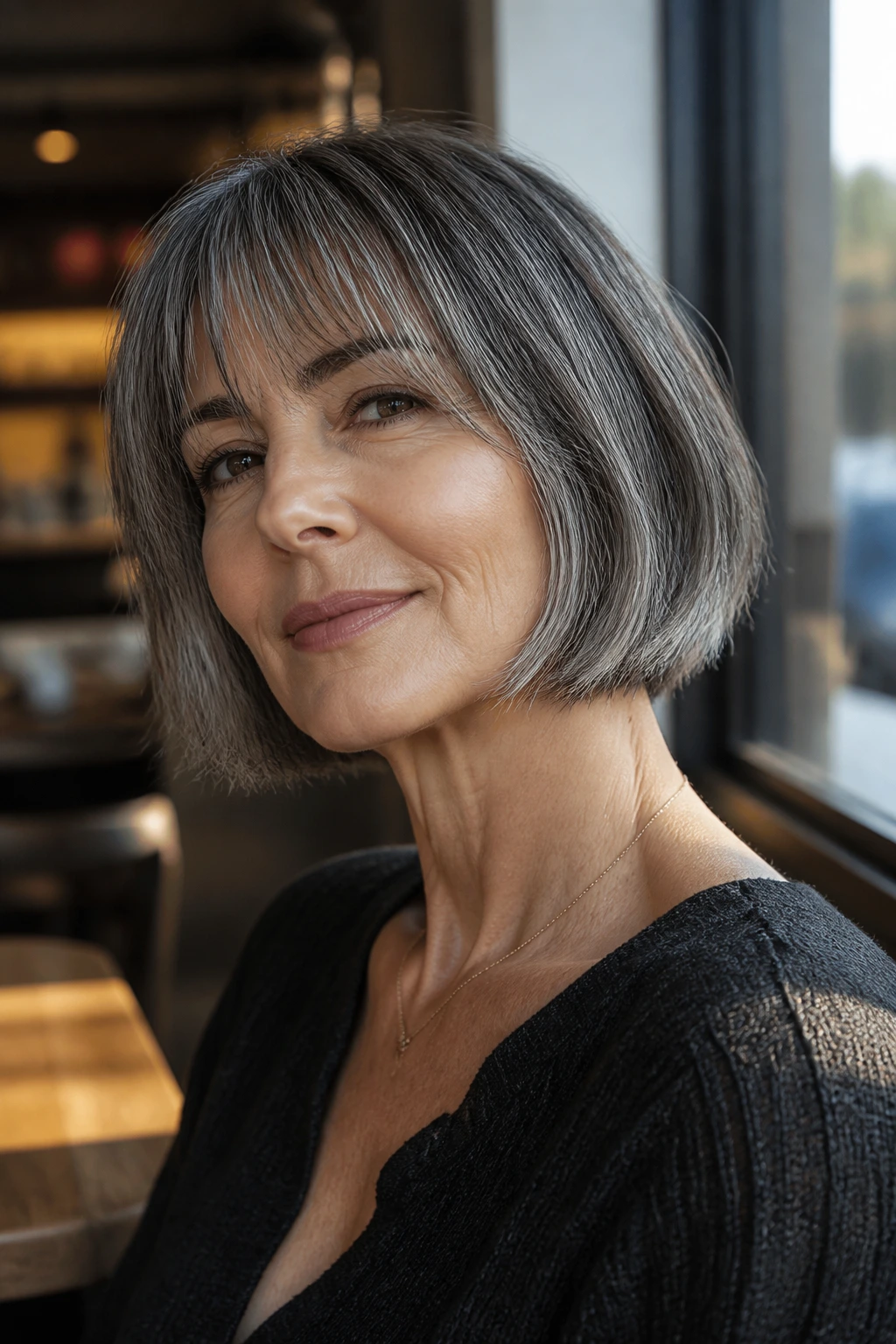 Close-up of a real woman with a salt-and-pepper French bob