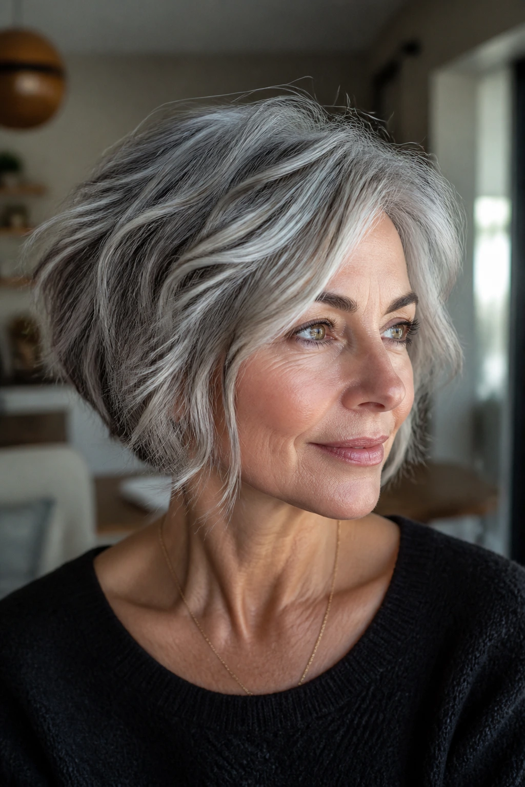 Portrait of a real woman with salt-and-pepper choppy bob showing texture and depth