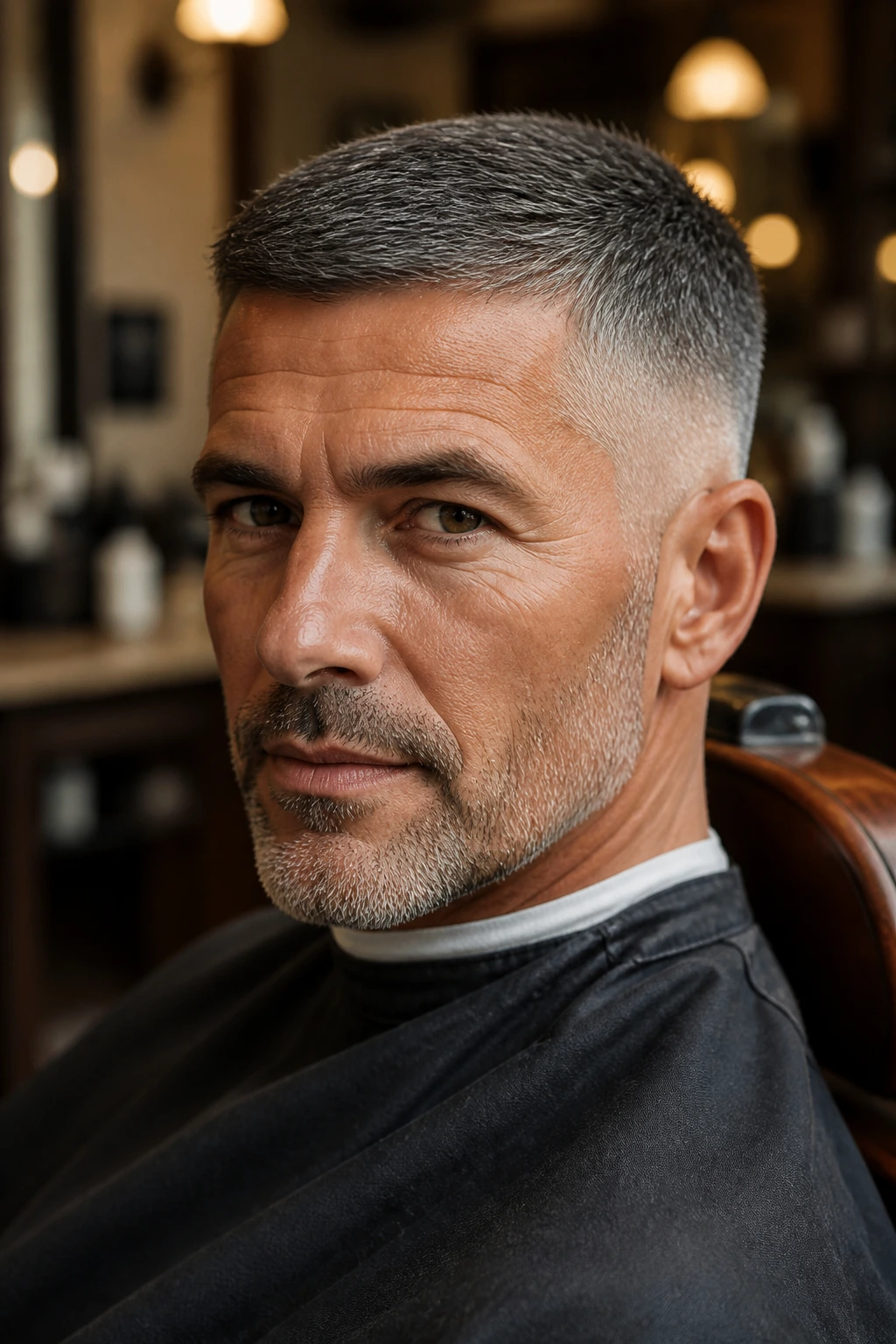 Close-up portrait of man with salt-and-pepper crew cut in barbershop