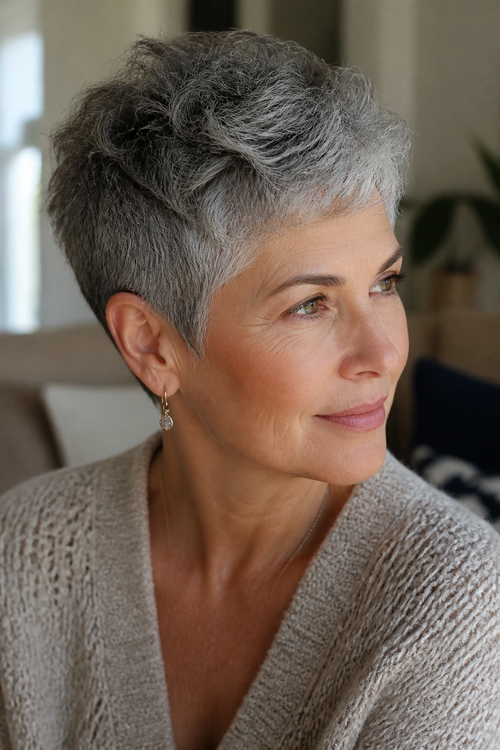 Portrait of a real woman with a Wash-and-Go Salt-and-Pepper Crop, textured short silver hair