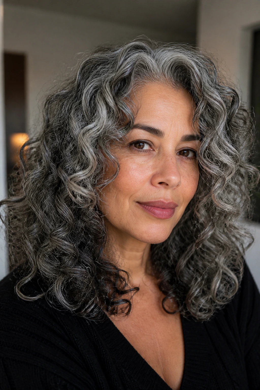 Close-up of a real person with salt-and-pepper curls and soft layered cut.