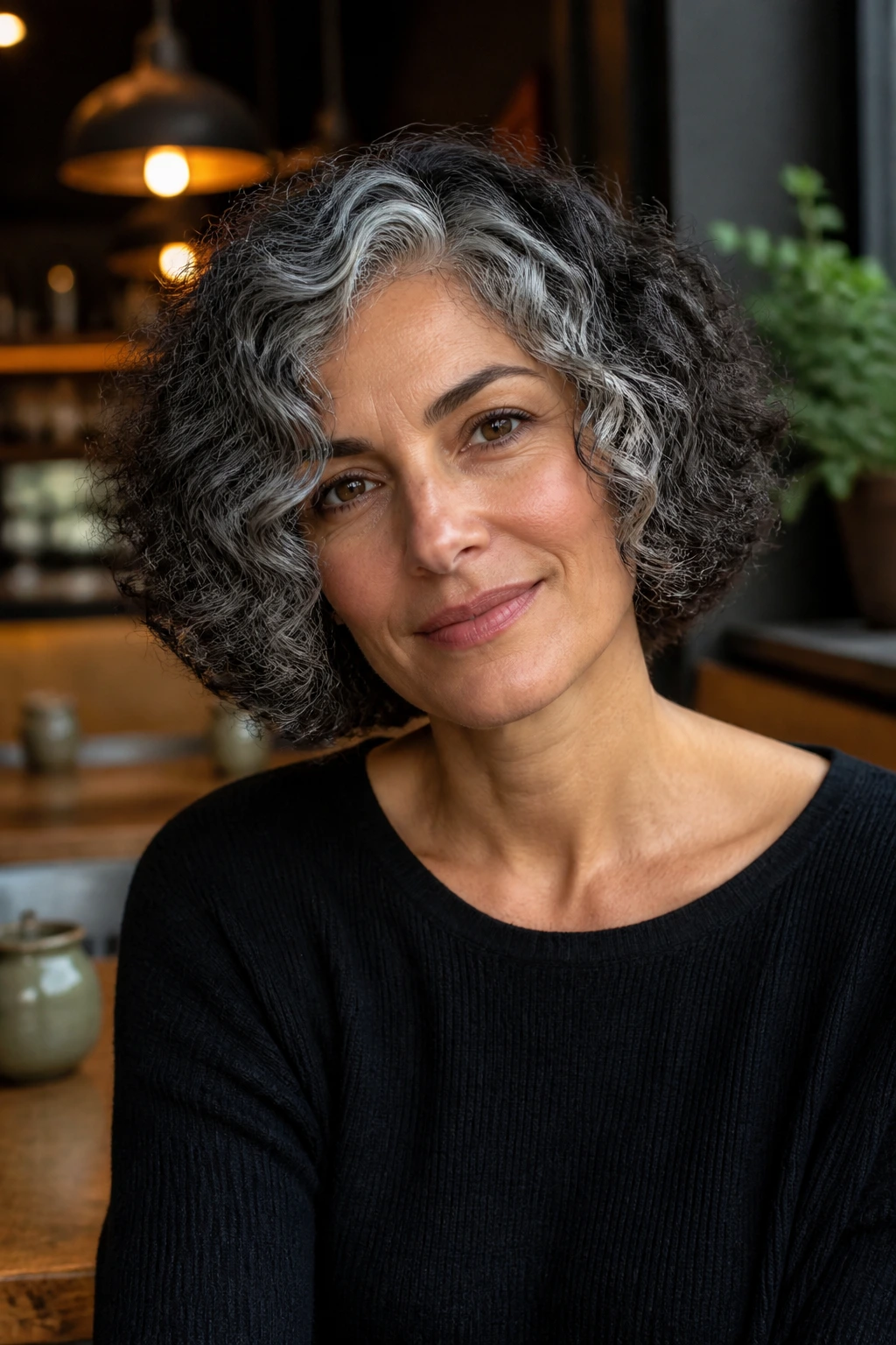 Close-up portrait of a real woman with a salt-and-pepper curly bob and defined curls.