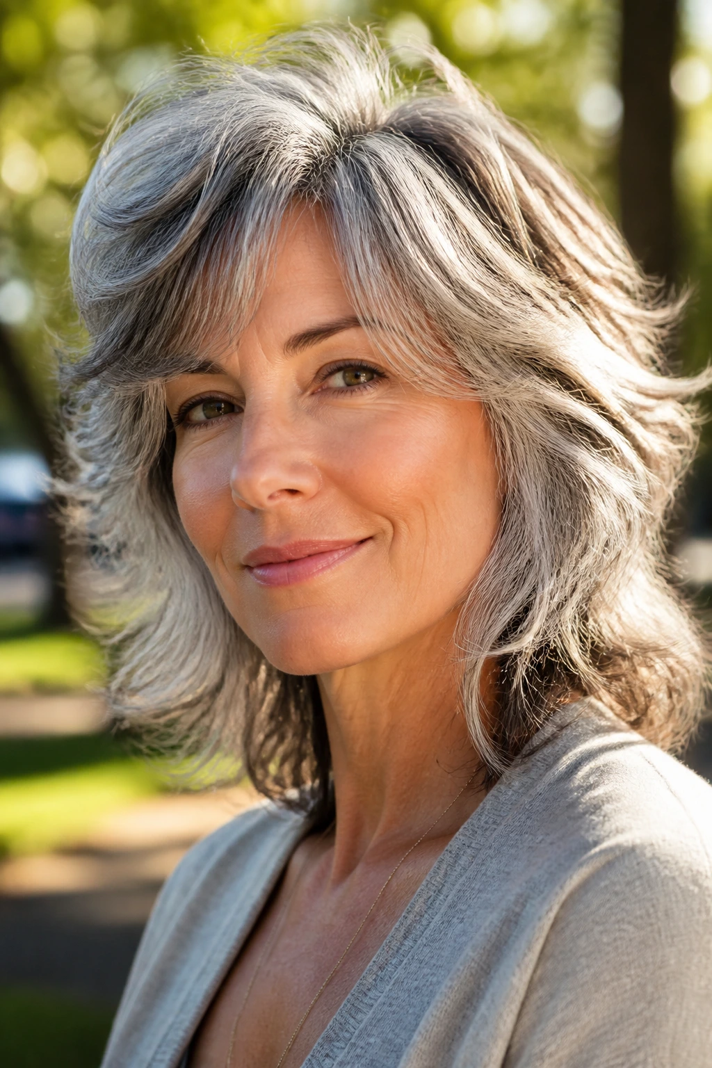 Real woman with salt-and-pepper feathered shag