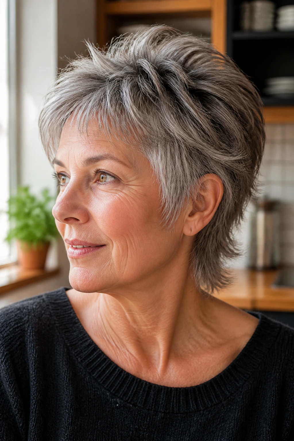 Close-up portrait of a real woman with salt-and-pepper layered pixie mullet