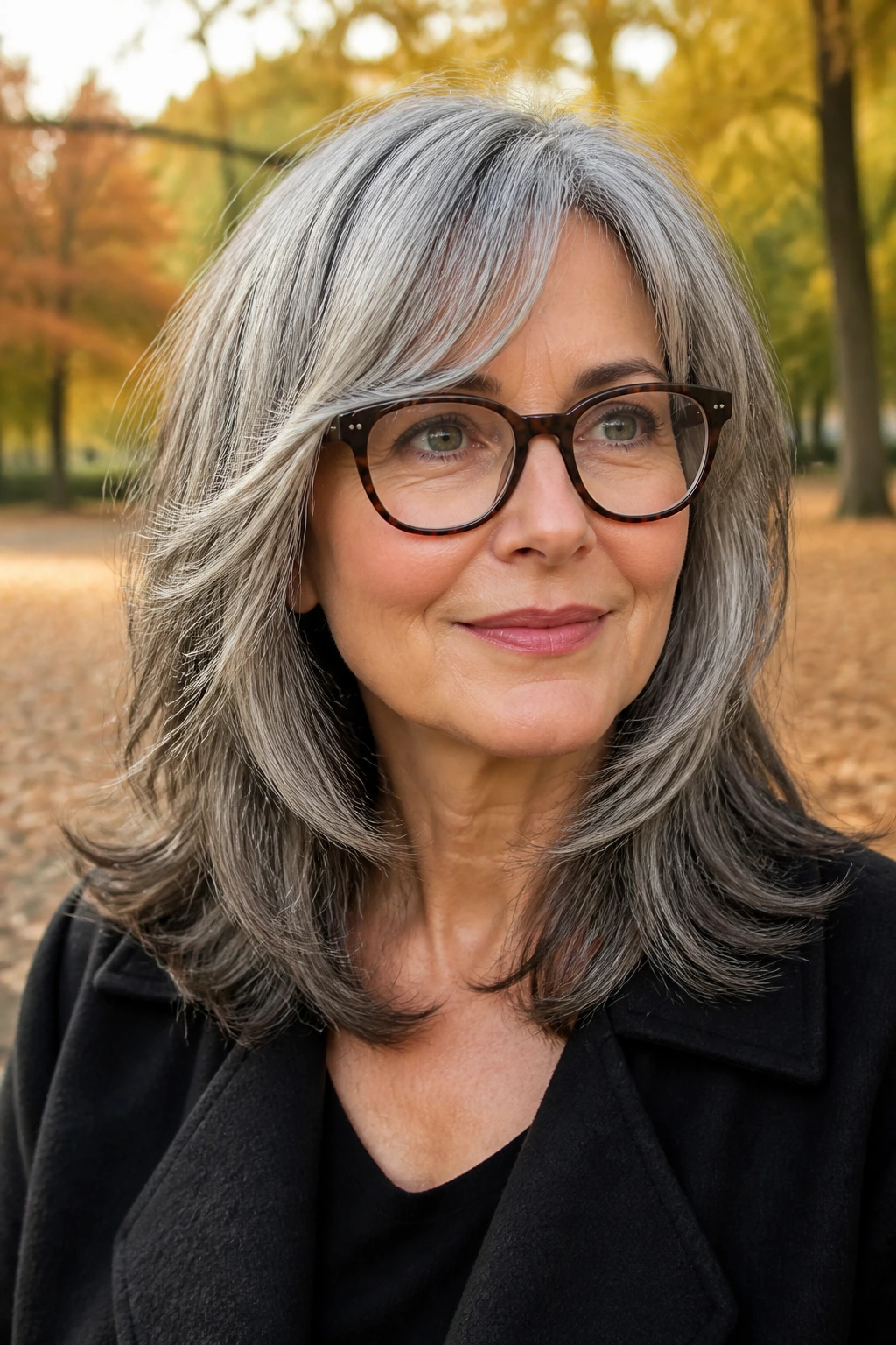 Real woman with salt-and-pepper midlength layered hair in park setting