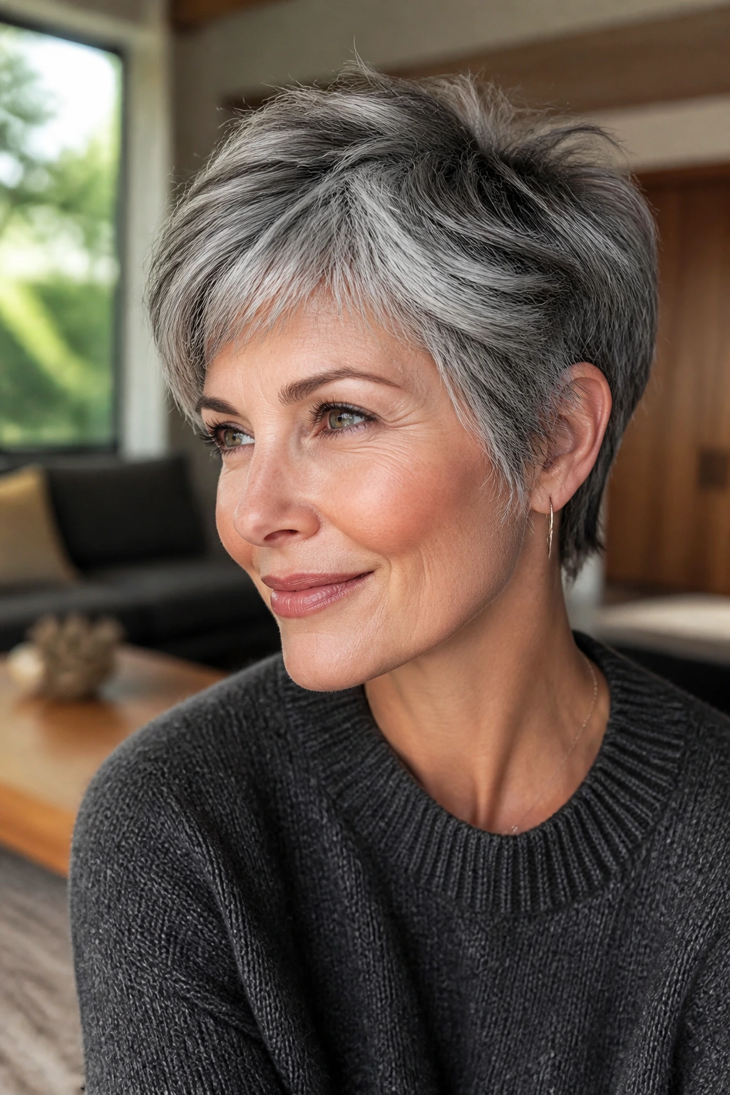 Salt pepper shag pixie portrait of a real woman with silver gray and dark strands