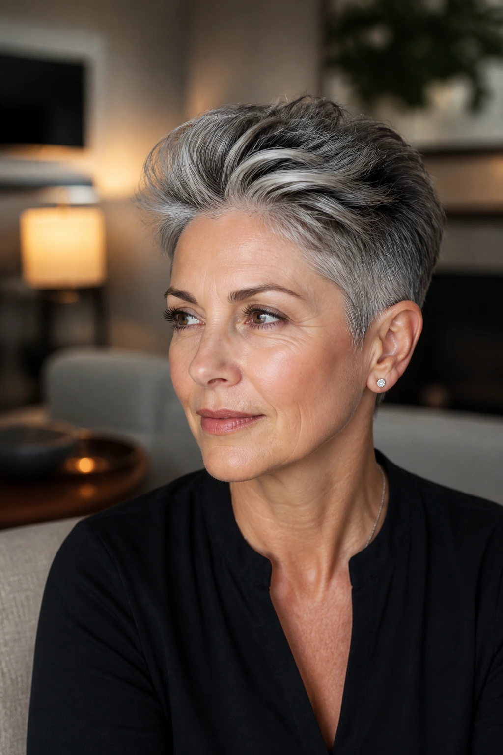 Real woman with salt and pepper sculpted pixie hairstyle