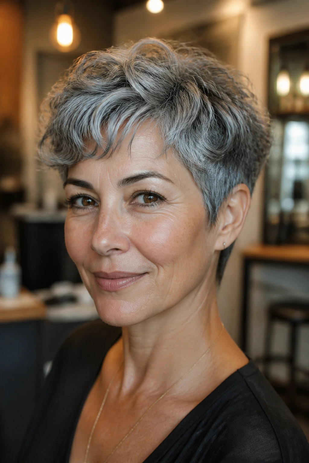 Close-up portrait of a real woman with salt-and-pepper pixie in a cozy salon