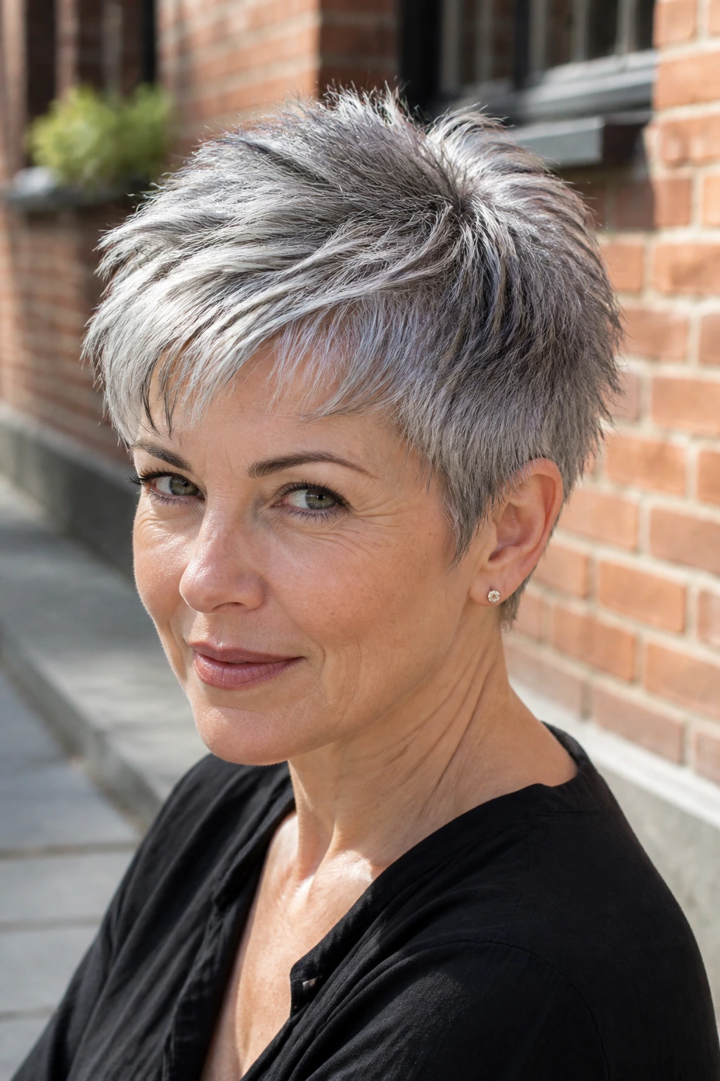 Close-up of a real woman with a salt-and-pepper feathered pixie haircut.