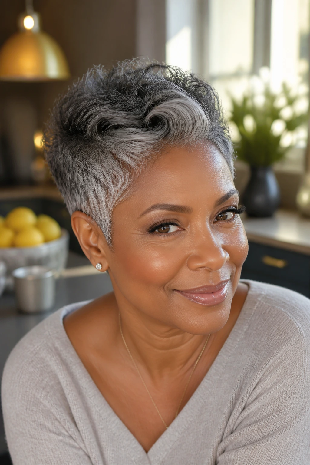 Close-up of a gray-haired Black woman with a salt-and-pepper pixie in warm kitchen light