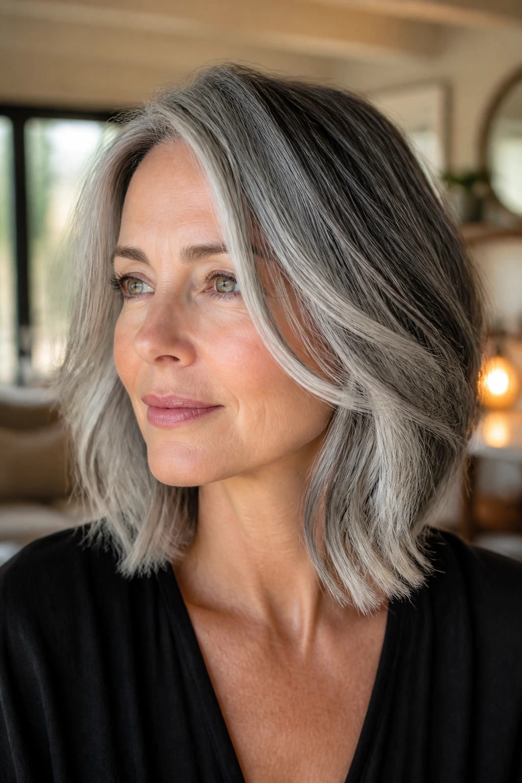 Close-up of a real woman with shoulder-length gray hair with ribbon highlights