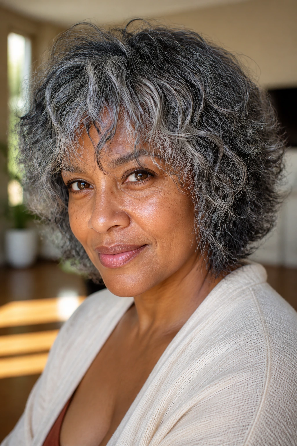 Close-up of salt-and-pepper shag hairstyle on a real person