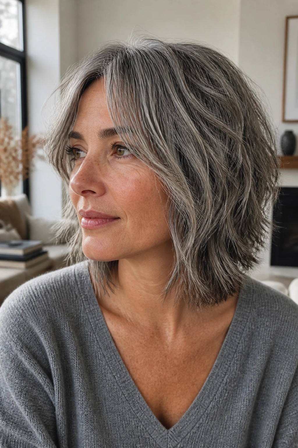 Close-up portrait of a real person with salt-and-pepper shag bob and dimensional gray tones.