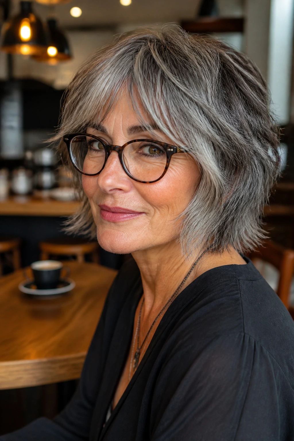 Close-up of a real woman with salt-and-pepper shag bob and glasses framing