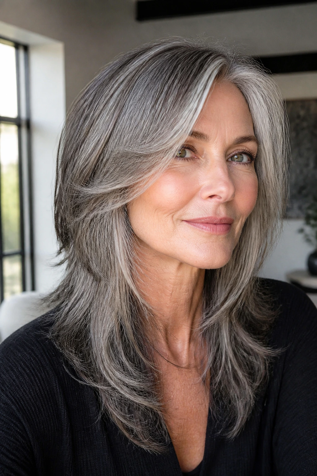 Portrait of a real woman with salt-and-pepper hair in dimensional layers in a bright living space.